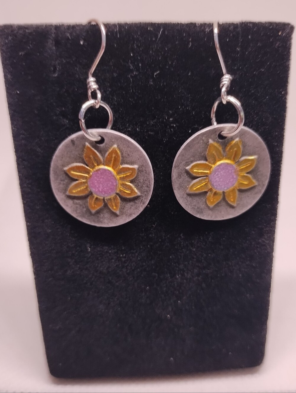 Vintage Sunflower Earrings in Purple and Gold Women's Dangle Jewelry New G28